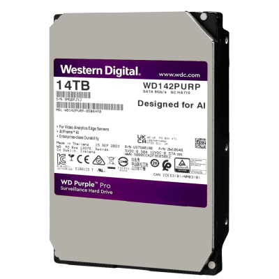 Disco rígido Western Digital WD Purple Pro de 14TB com etiqueta roxa e branca