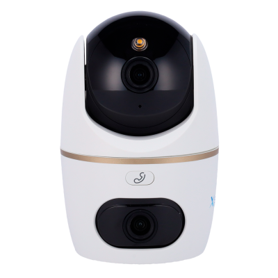 Câmara de vigilância branca com lentes e detalhes pretos e símbolo de telefone