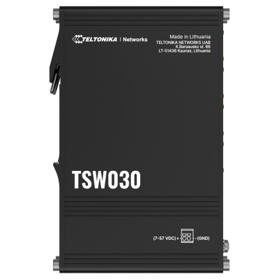 Aparelho eletrónico preto com texto TELTONIKA e modelo TSW030