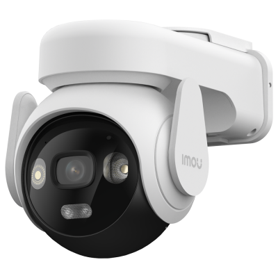 Câmara de segurança branca com lente negra e suporte de montagem