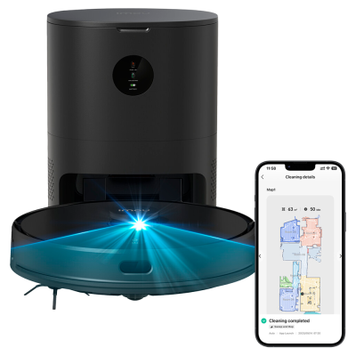 Aspirador robô preto com estação de carregamento e smartphone mostrando mapa de limpeza