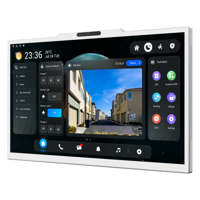 Ecrã digital de controlo doméstico com várias funções e interface colorida.