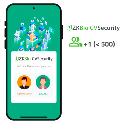 Interface da aplicação ZKBio CVSecurity verde num telemóvel com opções Administrator e Personnel.