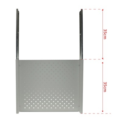 Placa metálica cinza com orifícios e hastes verticais, medidas 35 cm indicadas