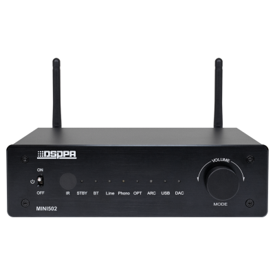 Amplificador preto DSPPA MINI502 com antenas e botões