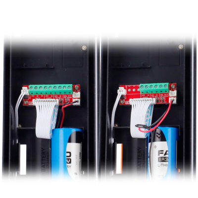 Duas baterias recarregáveis azuis e brancas em caixa preta com circuitos vermelhos