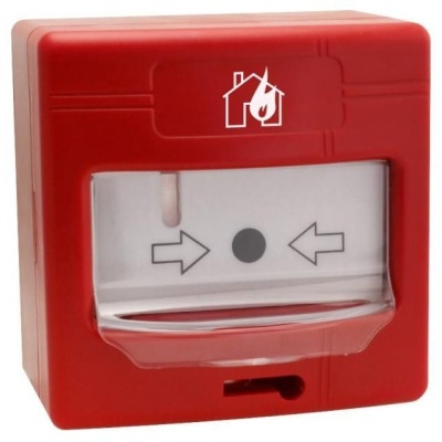 Detector manual de alarme de incêndio vermelho com símbolo de casa e chama branca