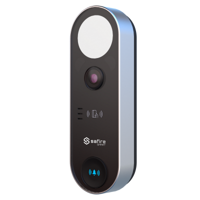Campainha inteligente Safire SMART prateada com câmera e botão azul.
