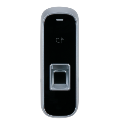 Dispositivo de acesso biométrico preto com leitor de impressão digital e ícone de cartão
