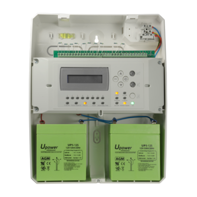 Dispositivo elétrico com dois acumuladores verdes UPower UPS-125 e display digital.