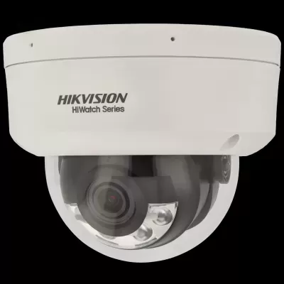 Câmara de segurança dome branca da HIKVISION HiWatch Series com lente preta protegida por cúpula transparente