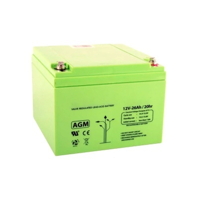 Bateria AGM verde 12V 26Ah com terminais e texto técnico