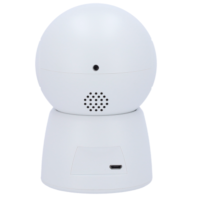 Câmara de videovigilância branca com lente e porta micro USB