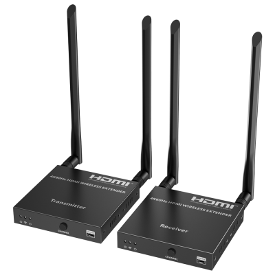 Transmissor e recetor HDMI Wireless Extender preto com antenas longas e botão de canal