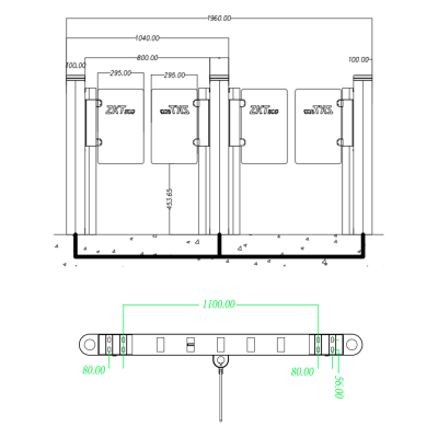 Desenho técnico de cancela dupla rotativa com texto ZKTeco e dimensões em milímetros