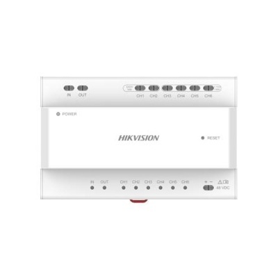 Dispositivo branco HIKVISION com botões, LEDs e texto POWER, RESET e 48V DC