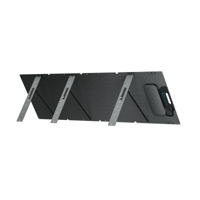 Mesa dobrável cinzenta com suportes metálicos e pega com etiqueta BLUEFIT