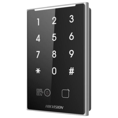 Teclado numérico preto brilhante com números iluminados e logo HIKVISION