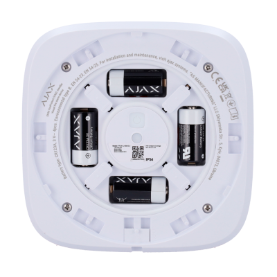 Dispositivo elétrico branco com quatro pilhas CR123A e etiquetas detalhadas no interior