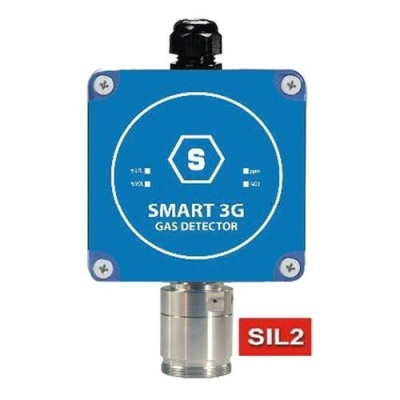 Detector de gás SMART 3G azul com corpo metálico prateado e etiqueta vermelha SIL2