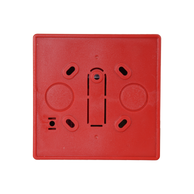 Base de plástico vermelho quadrado com aberturas e texto