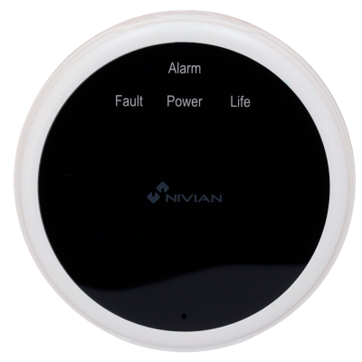Dispositivo redondo branco e preto com texto e logótipo NIVIAN
