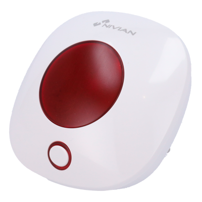 Dispositivo eletrônico branco com botão vermelho e logótipo Nivian