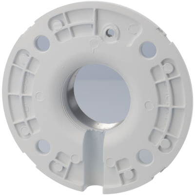 Peça circular plástica branca com orifício metálico central e nervuras reforçadas.