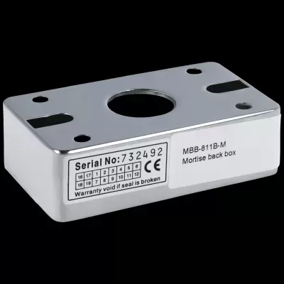 Caixa traseira metálica prateada para fechadura mortise com etiquetas visíveis