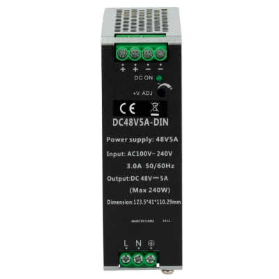 Fonte de alimentação DC48V5A-DIN preta com terminais de ligação e texto técnico