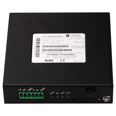 Roteador celular 4G preto da Hongdian com conector verde e etiqueta técnica