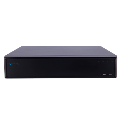 Aparelho preto XSecurity com luzes LED e portas USB