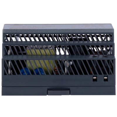 Dispositivo eletrónico em caixa preta com componentes visíveis através da grelha frontal