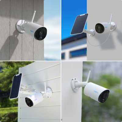 Câmaras de segurança Reolink brancas montadas em várias superfícies exteriores
