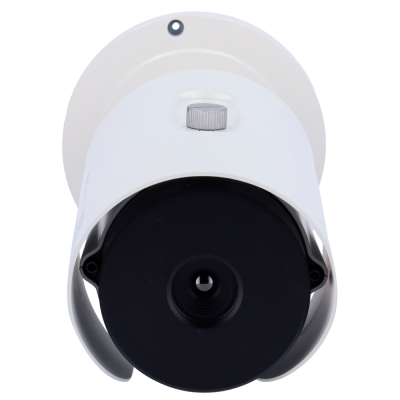 Câmara de vigilância branca com lente preta e proteção metálica