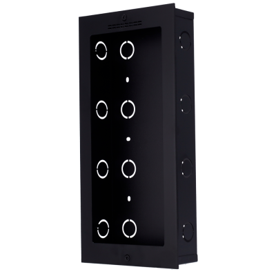 Caixa elétrica preta com recortes circulares sobre fundo branco.