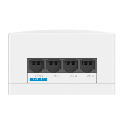 Dispositivo branco com quatro portas LAN numeradas LAN 1 a LAN 4, LAN 1 tem etiqueta azul PoE Out