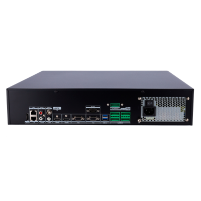 Equipamento eletrónico preto com várias portas e conectores na traseira
