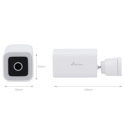 Câmara de vigilância branca Nivian com lente preta e dimensões indicadas
