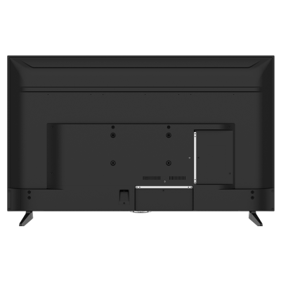 Televisor preto visto de trás com suportes em V nas extremidades