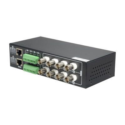 Dispositivo preto com entradas vídeo e portas Ethernet