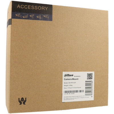 Embalagem castanha com etiqueta branca contendo informações sobre suporte para câmara Dahua
