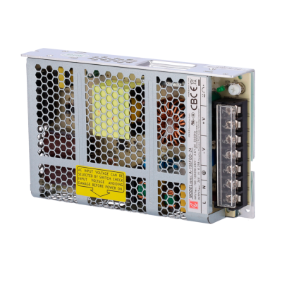 Fonte de alimentação eletrónica metálica com grelha hexagonal e terminal de ligação