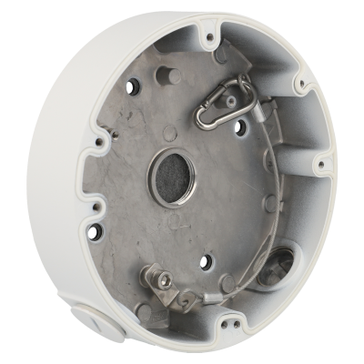 Caixa de montagem redonda em metal e plástico branco com furos, parafusos e mosquetão