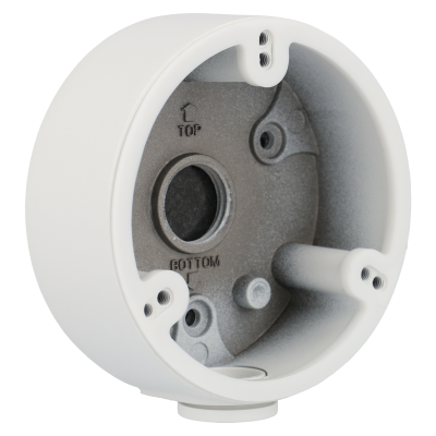 Caixa redonda branca para montagem de câmera de vigilância com interior metálico cinzento e marcações TOP e BOTTOM.