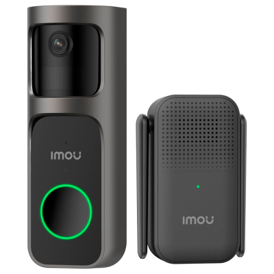 Campainha de vídeo IMOU preta com botão iluminado e receptor sem fios preto.