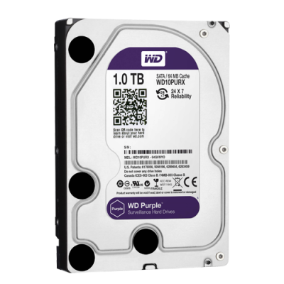 Disco rígido WD Purple 1.0 TB com etiqueta branca e roxa