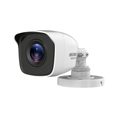Câmara de vigilância branca HIKVISION HiWatch com lente visível e suporte de montagem branco.