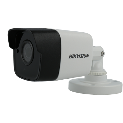 Câmara de segurança Hikvision branca e preta montada numa base ajustável branca