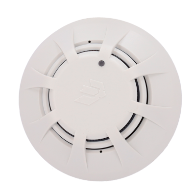 Detector de fumo branco redondo com aberturas para sensores e relevo